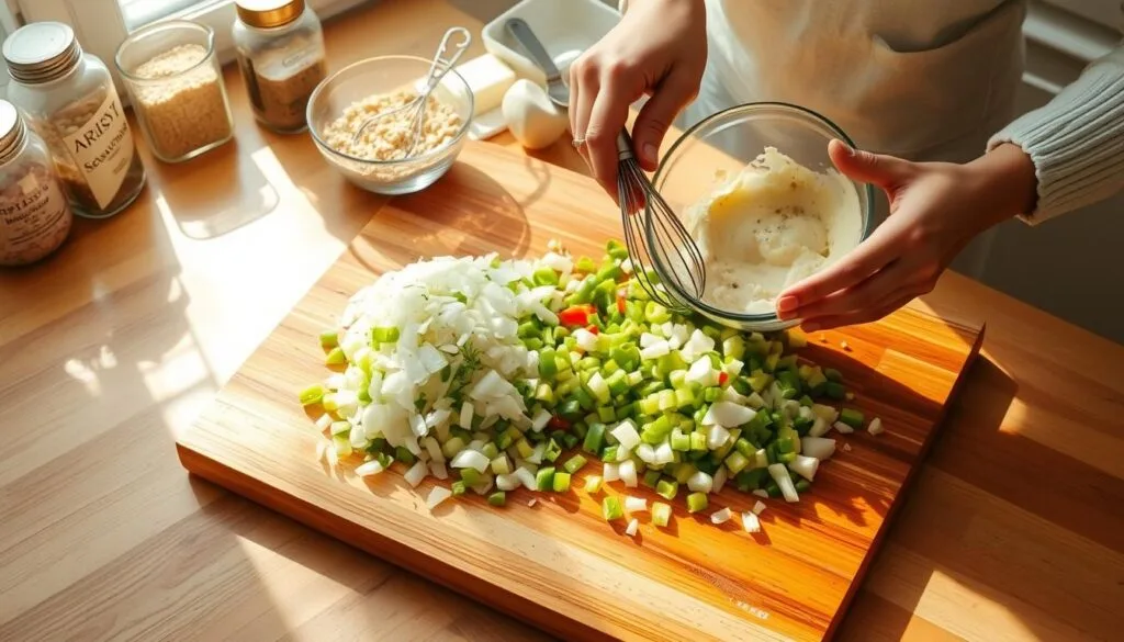 Mixing Chicken Dressing Ingredients Mixing Chicken Dressing Ingredients